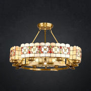 Brass-framed rustic vintage stained glass chandelier with white pink and red floral motifs for 220v-240v 110v-120v use