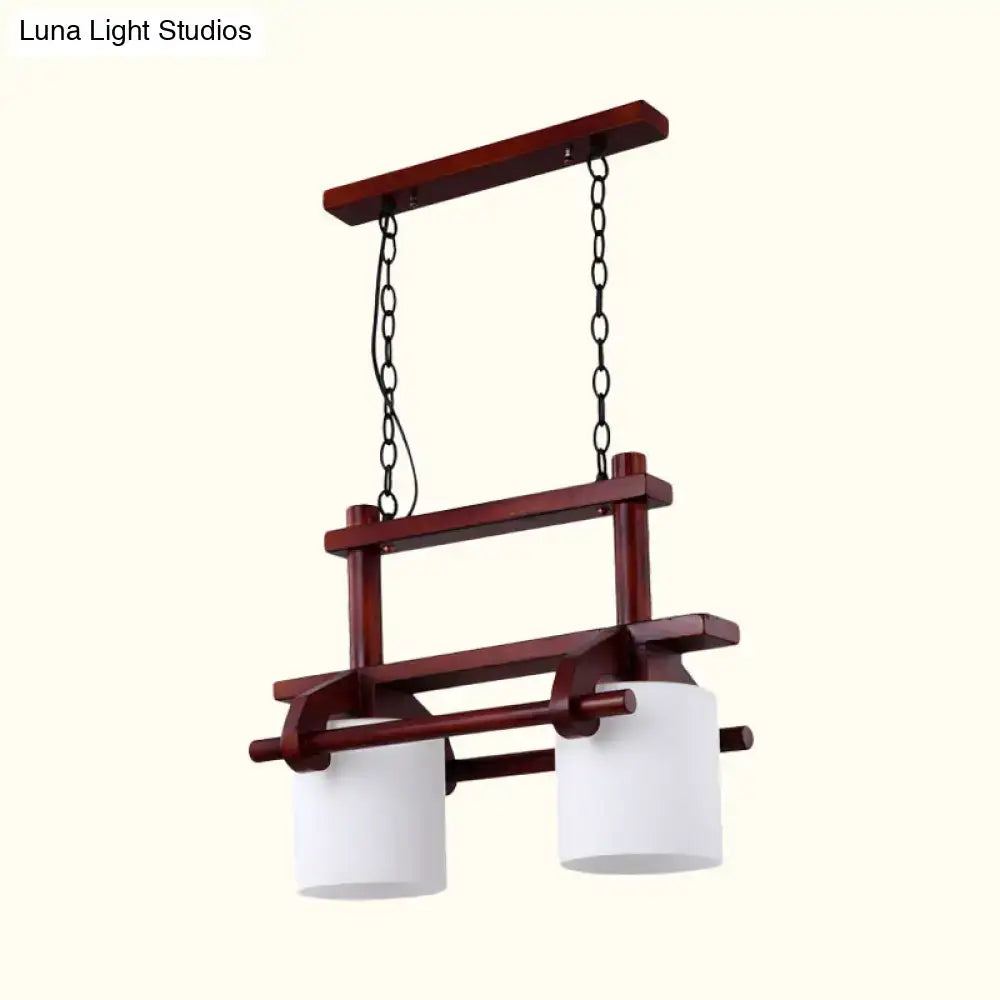 DecorBites rustic white glass island light with two hanging heads and wood beam for dining room illumination