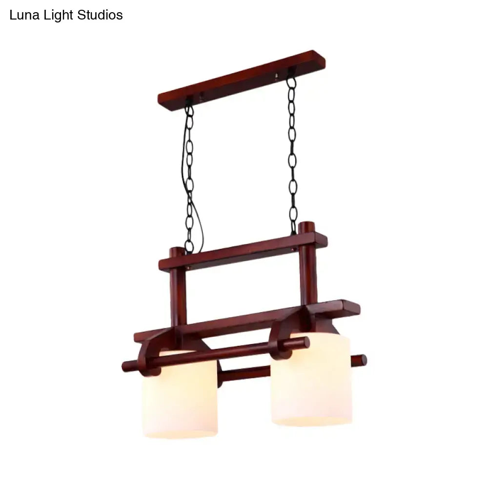 DecorBites rustic white glass island light with dark wood frame and two frosted shades for dining room lighting