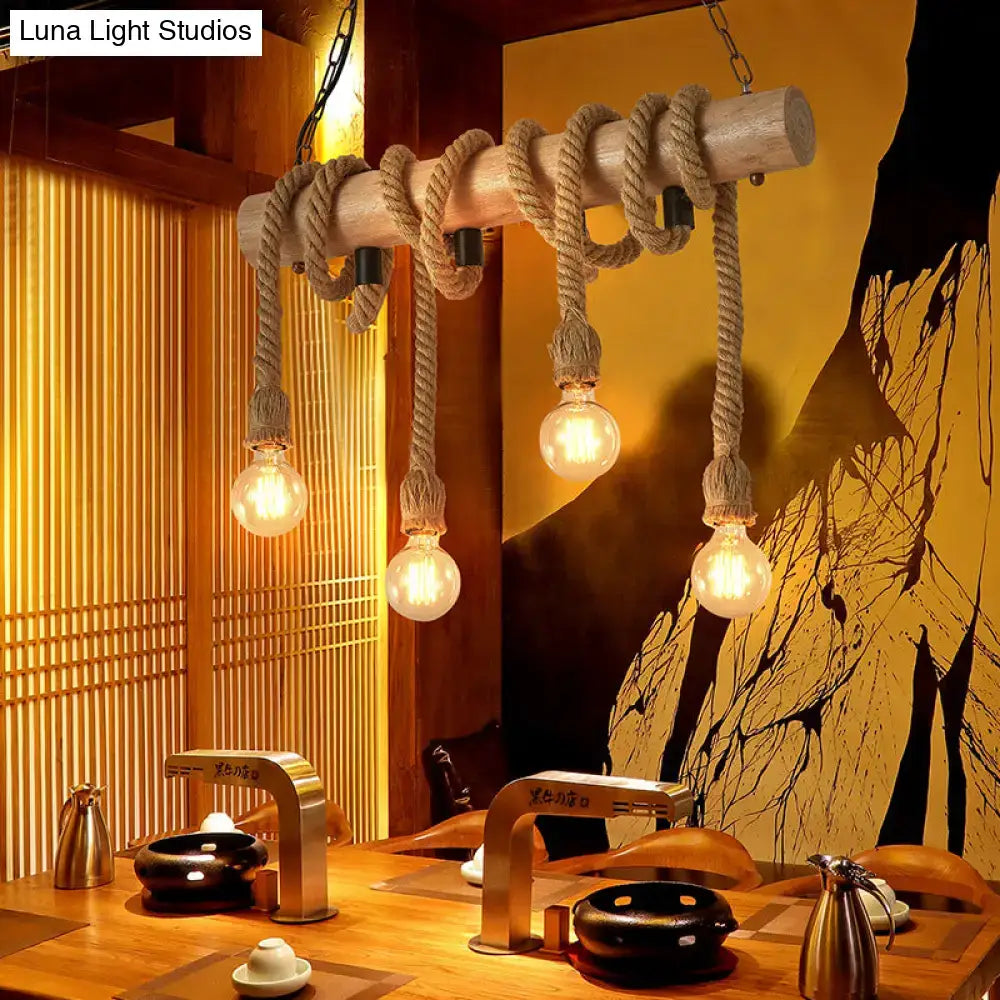 DecorBites™ rustic wood and rope island pendant light fixture with 4 open bulb e26 e27 heads and thick natural rope suspension