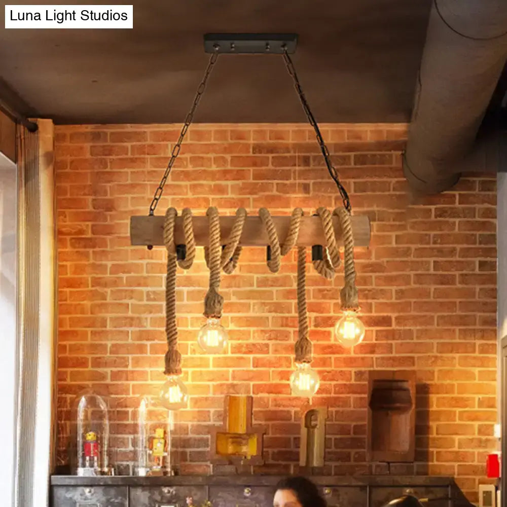 DecorBites™ rustic wood and rope island pendant light fixture with open bulb e26 e27 suspension and wooden beam
