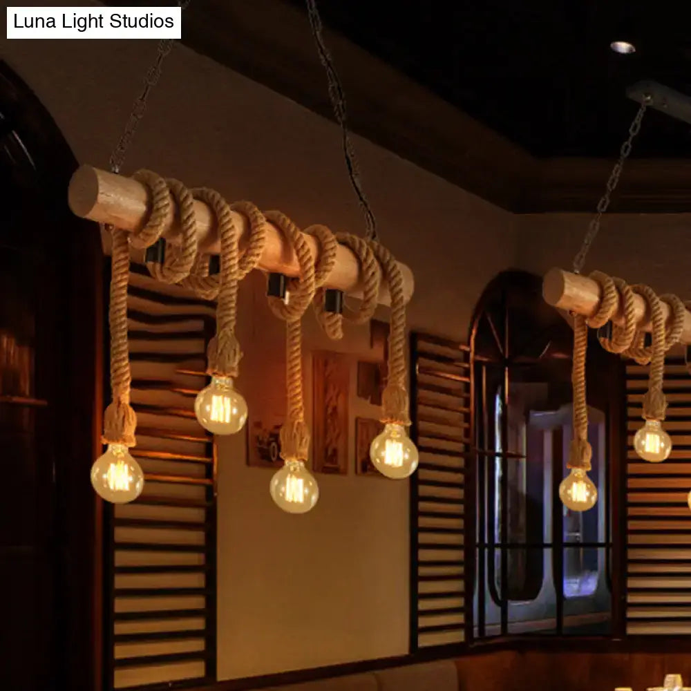 Decorbites rustic wood and rope island pendant light fixture with 4 e26 e27 open bulb vintage edison bulbs suspension