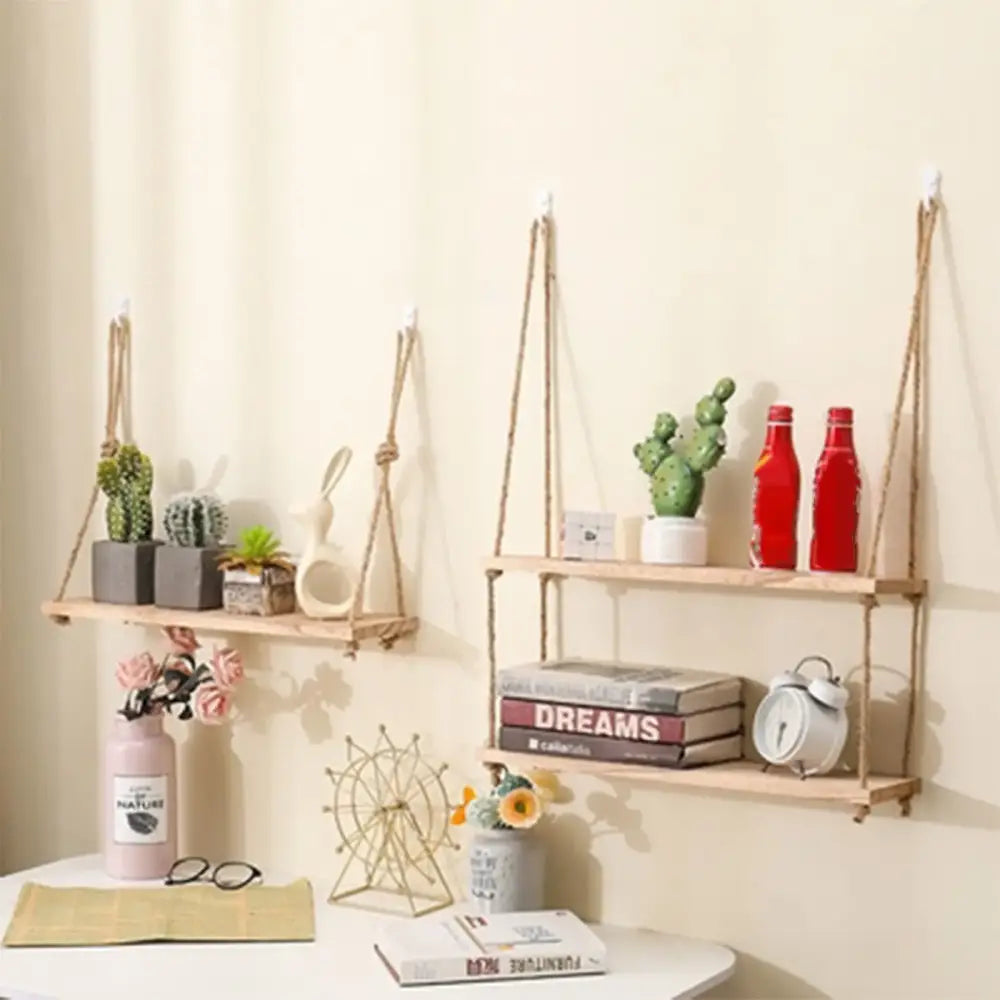 Decorbites rustic wood floating wall shelves set of 3 with light wood and natural rope suspension in wood floating wall style