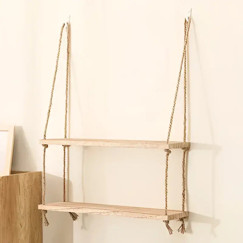 Decorbites rustic wood floating two-tiered shelves suspended by natural fiber ropes for wall display