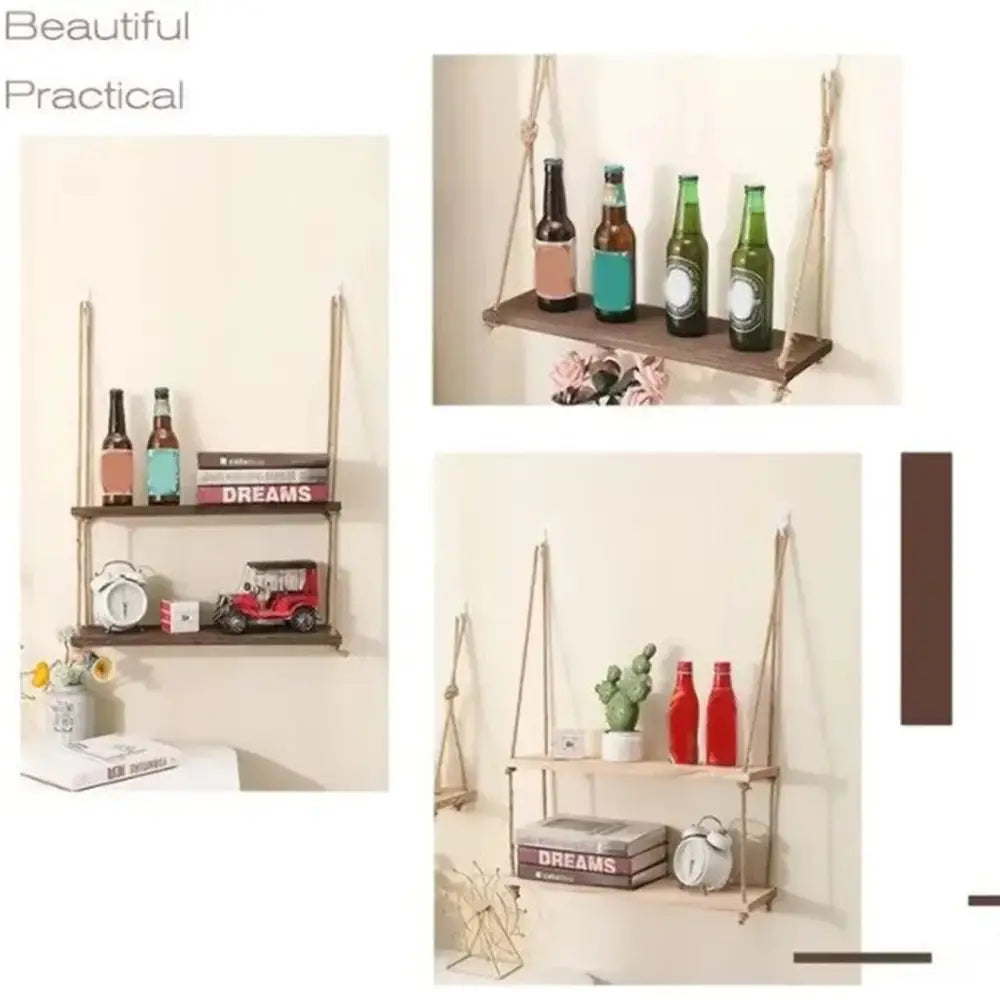 Decorbites™ rustic wood floating wall shelves set of 3 with rope suspension for hanging display and storage