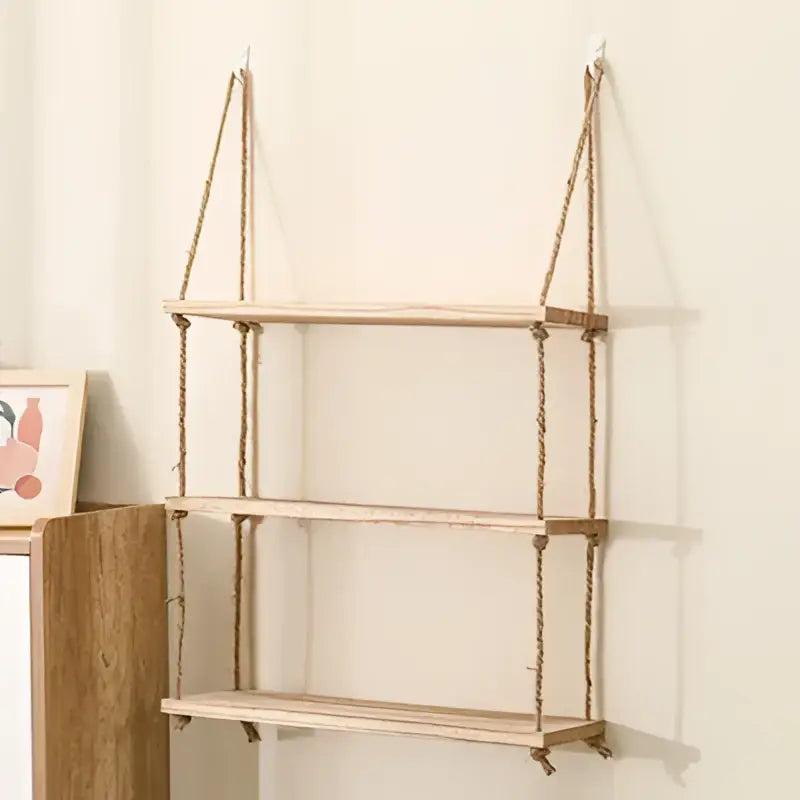 Decorbites rustic wood floating wall shelves set of 3 with three-tier wooden shelves suspended by natural rope