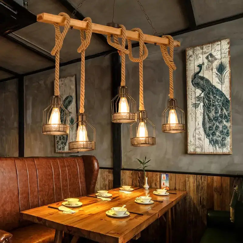 Decorbites rustic wood pendant lamp with brown roped cage and five e26 e27 island light metal cage lights