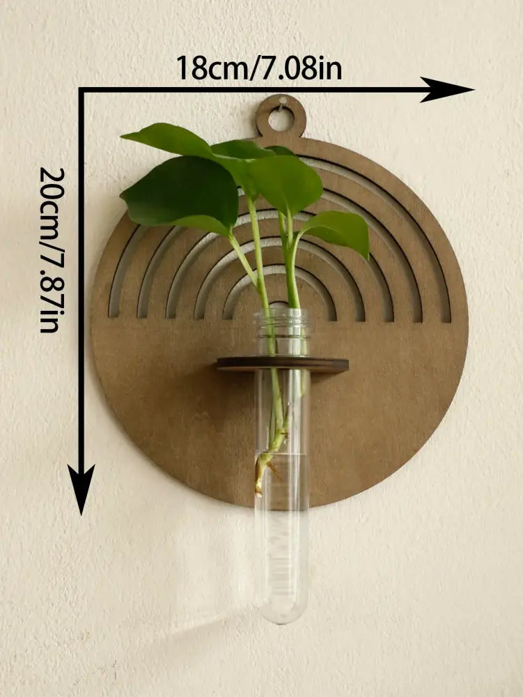 DecorBites™ rustic wood wall vase with a clear glass test tube and small green plant mounted on wood wall decor