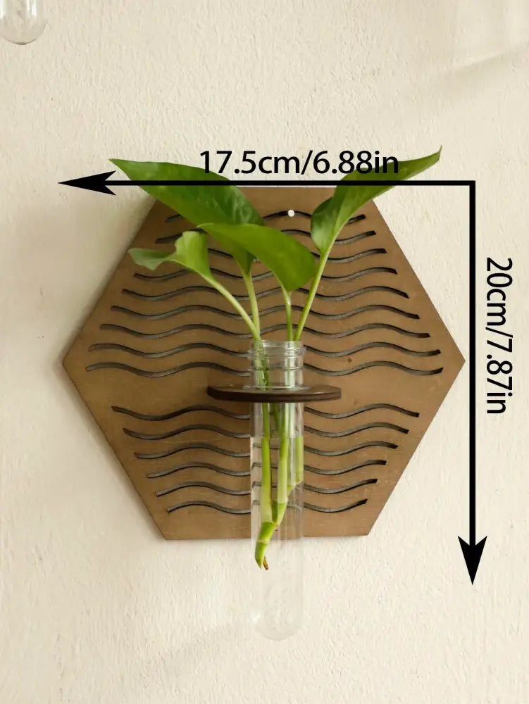 DecorBites™ rustic wood wall vase with hexagonal wavy cutout design and glass test tube for greenery display