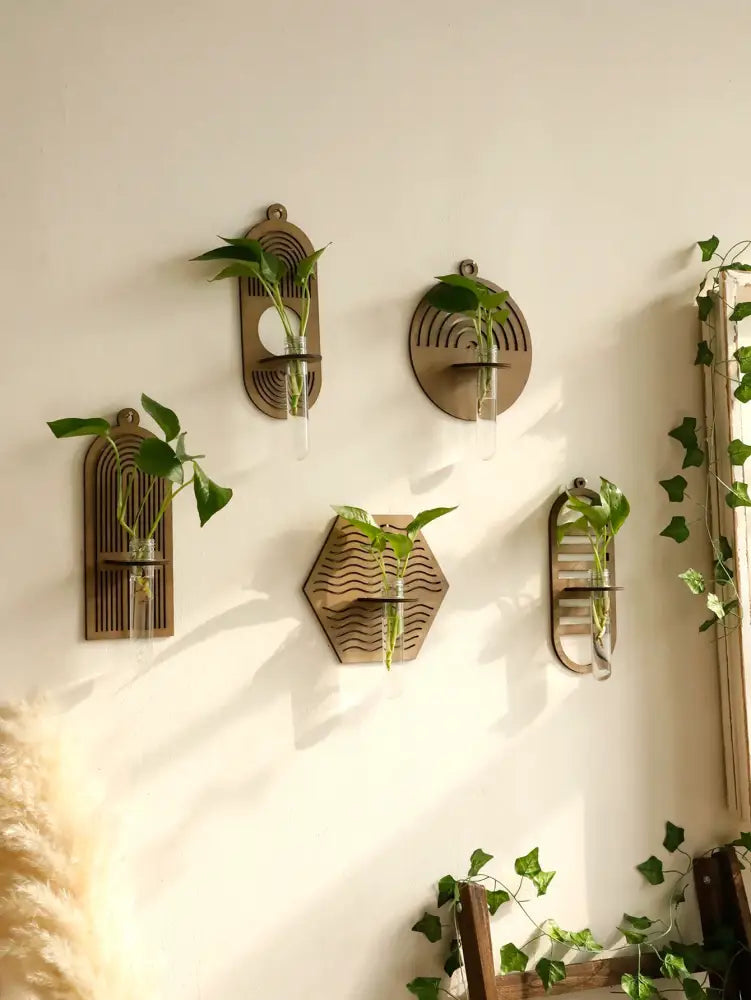 Decorbites™ rustic wood wall vase featuring geometric wooden design with clear glass tubes for green plants wall vase