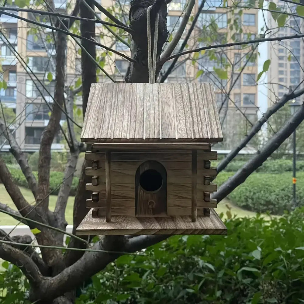 DecorBites™ rustic wooden birdhouse with slanted roof and arched entrance for hummingbirds and small birds