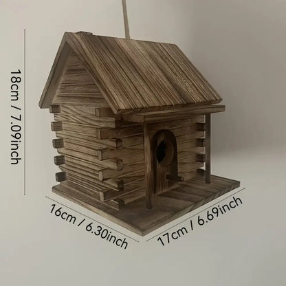 DecorBites™ rustic wooden birdhouse with log cabin design and small arched entrance for hummingbirds and small birds