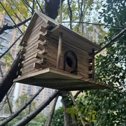 DecorBites™ rustic wooden birdhouse with natural wood grain finish and joinery details for small birds and hummingbirds
