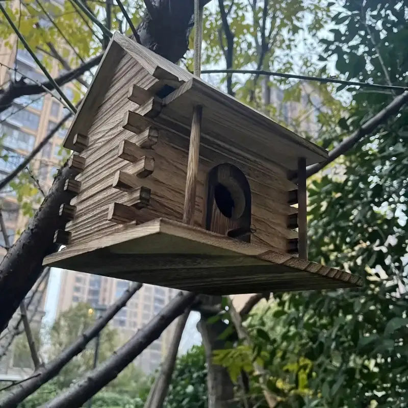 DecorBites™ rustic wooden birdhouse with natural wood grain finish and joinery details for small birds and hummingbirds