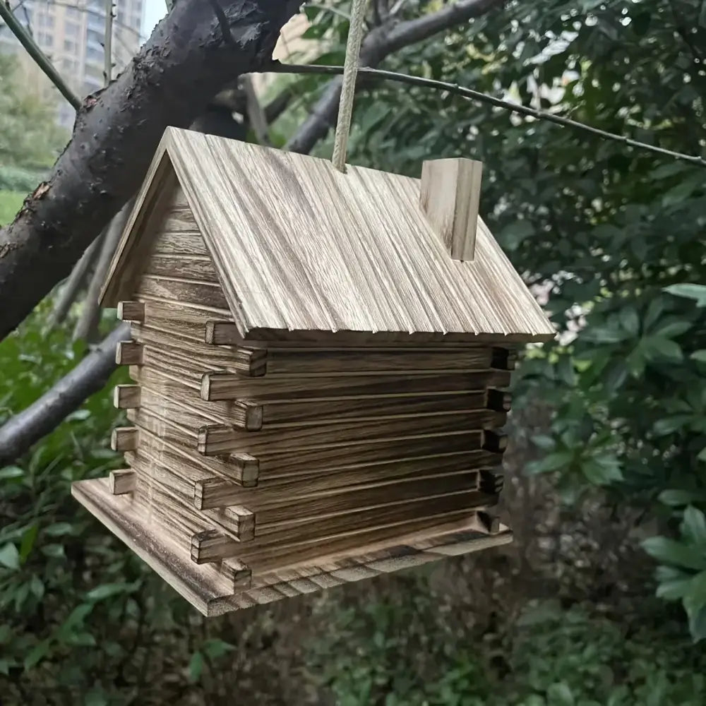 DecorBites™ rustic wooden birdhouse with log cabin design and chimney for hummingbirds and small birds