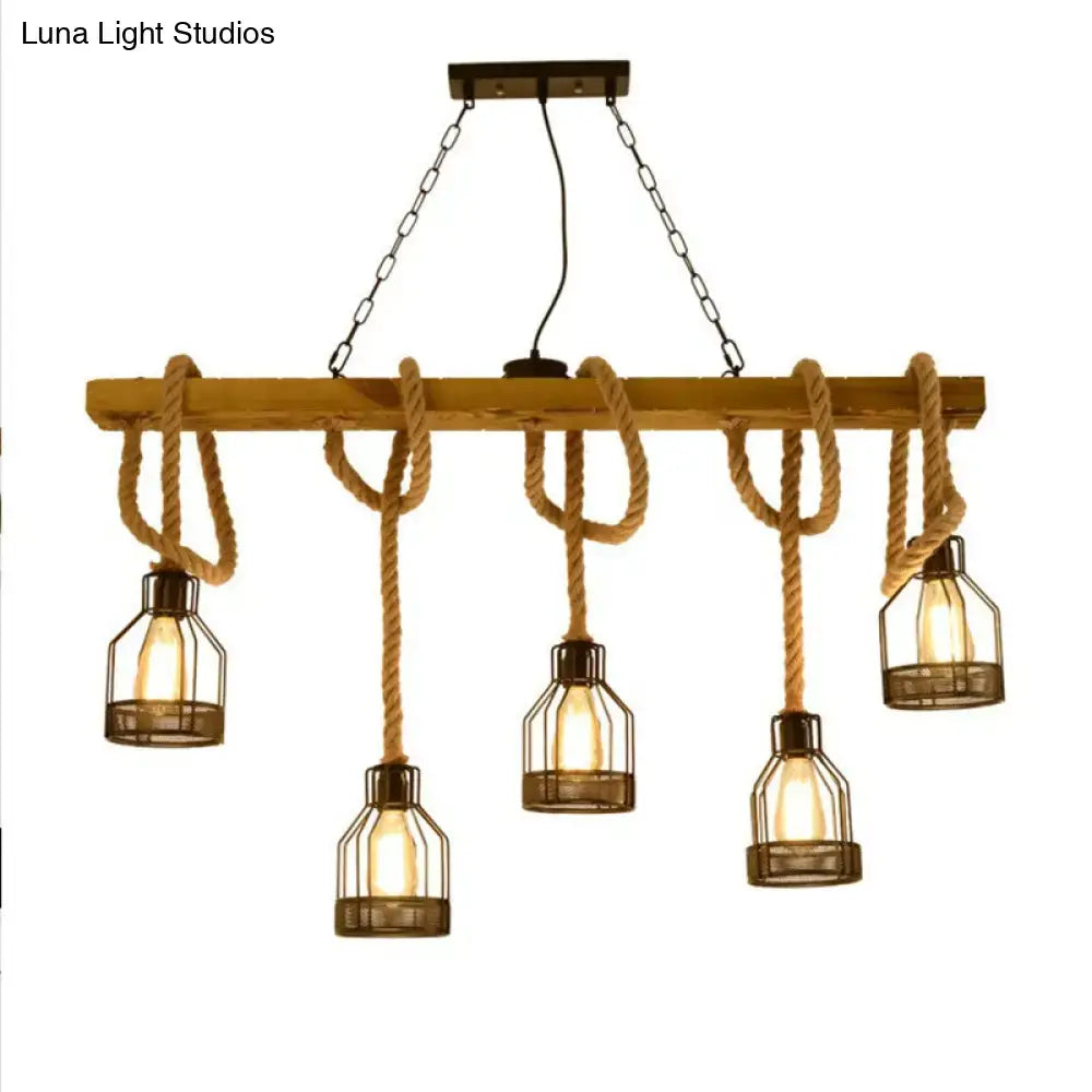 DecorBites™ rustic wooden linear island lamp with five metal cage bulbs and beige rope suspension pendant light for restaurants
