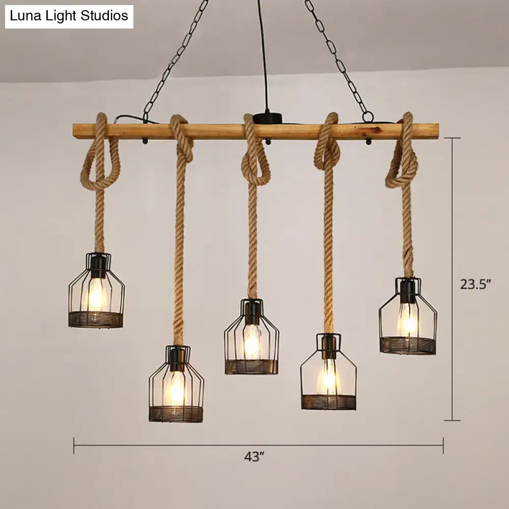Decorbites rustic wooden linear island lamp suspension pendant light with natural wood beam and black metal cage lanterns