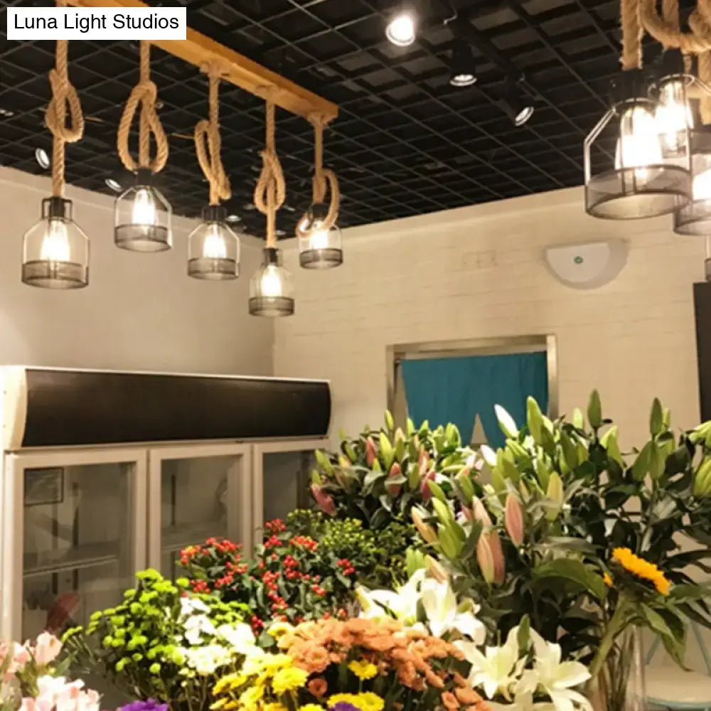 Rustic wooden linear island lamp with natural rope suspension pendant light and mesh cage for restaurant use
