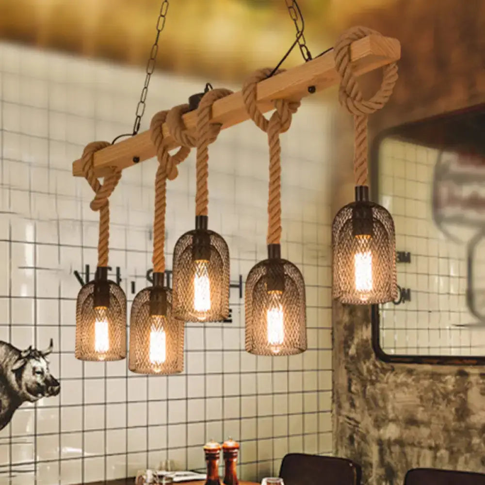 Decorbites rustic wooden linear island lamp with metal mesh cage and thick rope suspension pendant light for restaurants
