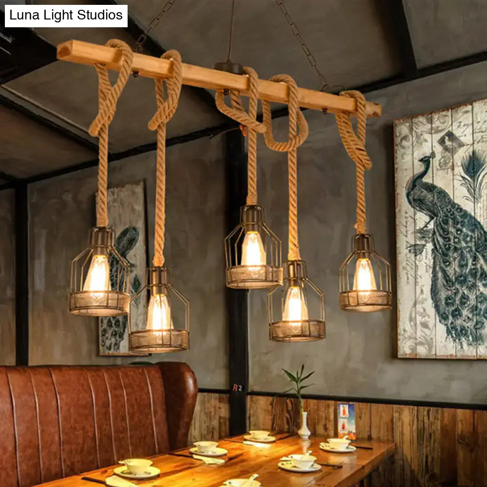 DecorBites™ rustic wooden linear island suspension pendant light with natural rope and metal mesh cage fixtures
