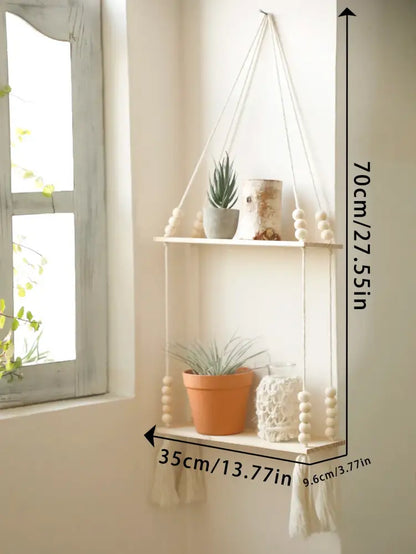 DecorBites™ rustic wooden wall shelf features a minimalist two-tiered design with light wood slats and macrame cords