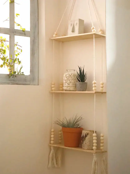 Decorbites rustic wooden wall shelf in light wood with macrame cords and wooden beads for hanging plant storage
