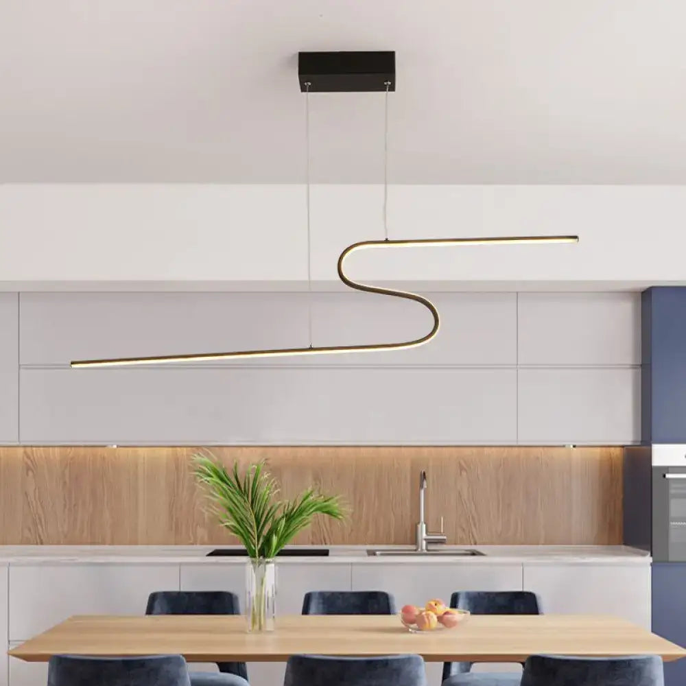 Modern black and gold s-shaped LED pendant light fixture by DecorBites in warm white light for ceiling installation