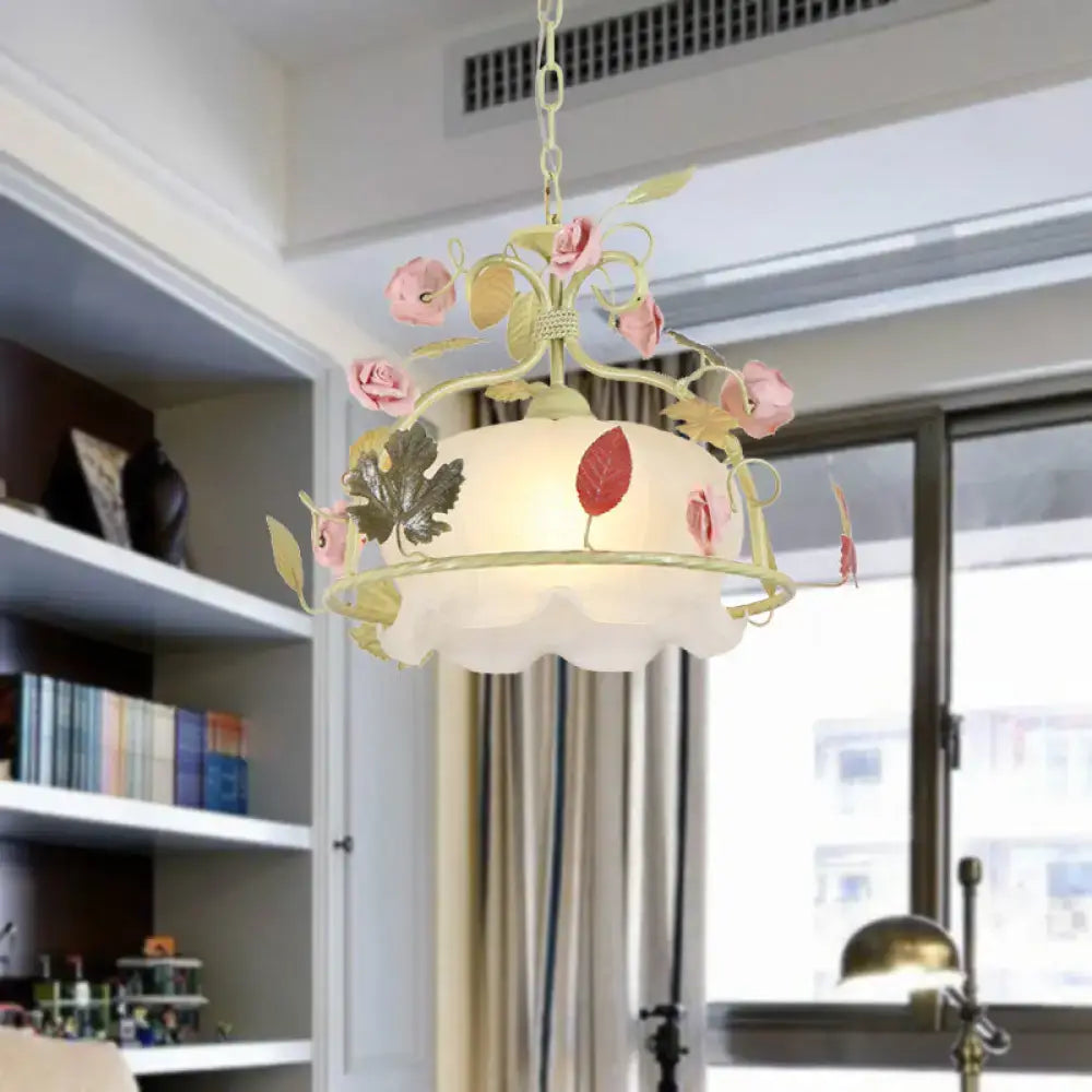 Decorbites scallop chandelier light fixture with opal glass led pendant in cream with floral motifs for living room