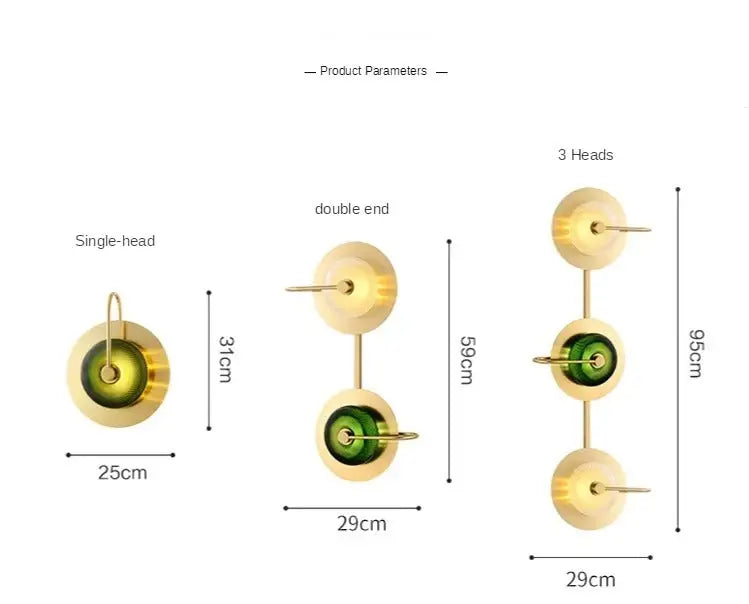 DecorBites Scandinavian brass wall sconce with three stacked green glass discs and premium brass wall accents