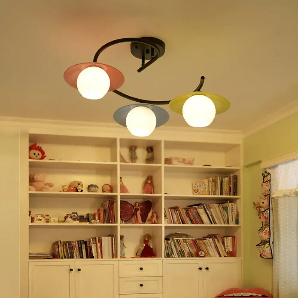 Decorbites™ semi flush light with modernist red yellow blue glass and pastel saucer shades in black spiral design