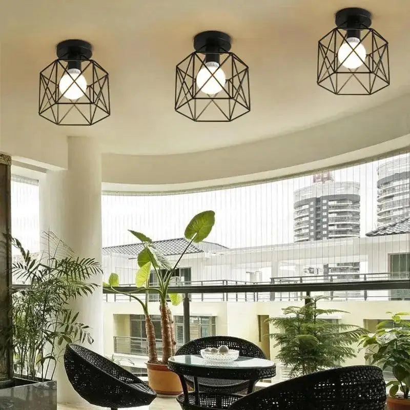 Black geometric cage-style semi flush mount ceiling lights with exposed bulbs by DecorBites™ flush mount design