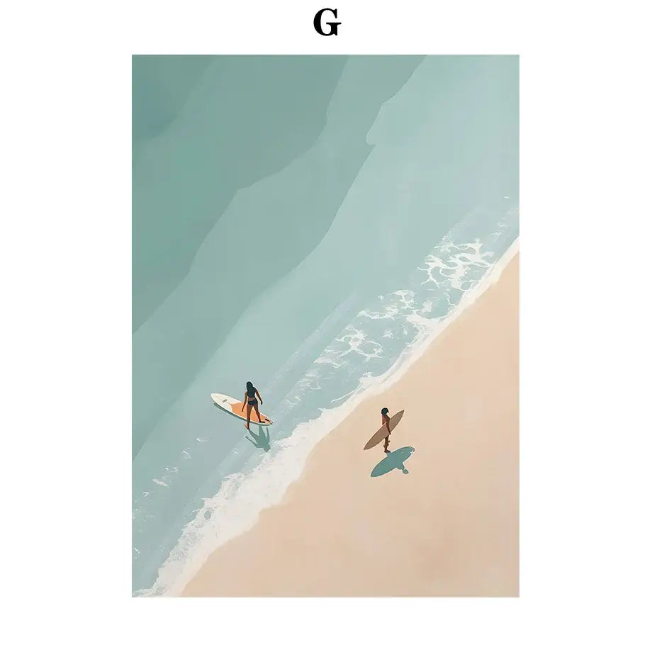 DecorBites serene beach watercolor illustration canvas art print featuring two surfers with white and brown boards