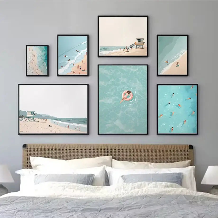 Set of seven DecorBites™ serene beach watercolor illustration art prints in black frames with pastel blue teal and beige colors