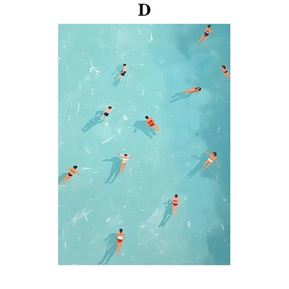 A stylized swimming watercolor illustration in turquoise on a DecorBites™ serene beach watercolor canvas art print