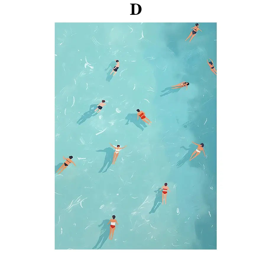 A stylized swimming watercolor illustration in turquoise on a DecorBites™ serene beach watercolor canvas art print