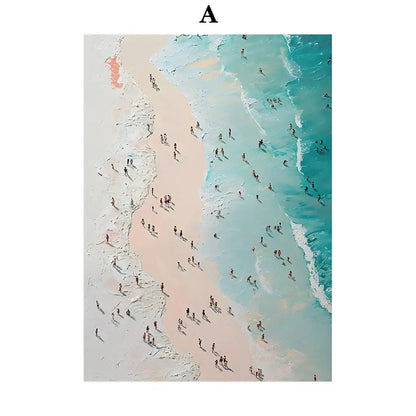 Decorbites™ serene beach watercolor illustration canvas art print with turquoise waves and pale pink sand texture