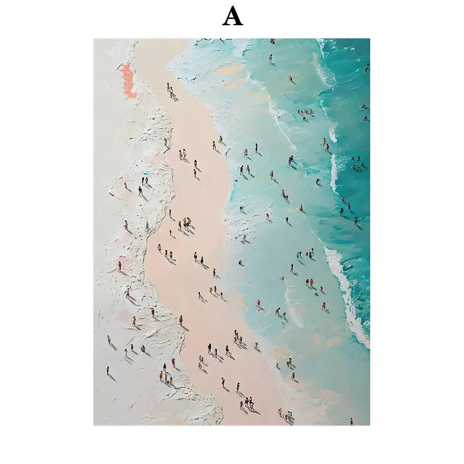 Decorbites™ serene beach watercolor illustration canvas art print with turquoise waves and pale pink sand texture