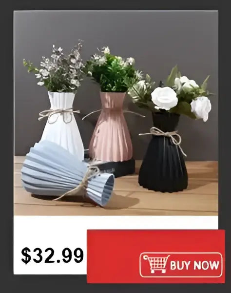 DecorBites™ shatterproof clear acrylic flower vase set includes white, rose gold, and black ribbed vases with twine bows