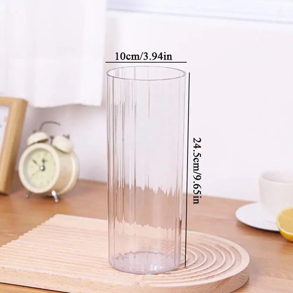 Clear tall cylindrical decorbites™ shatterproof clear acrylic flower vase with vertical ribbed texture and textured base