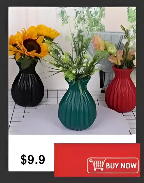 DecorBites™ shatterproof clear acrylic flower vases in black sunflower, teal, and red with ribbed textures