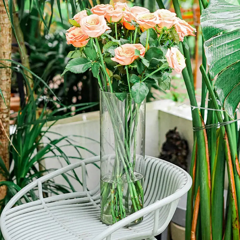 Decorbites™ shatterproof tall transparent acrylic flower vase holding a bouquet of peach-colored roses with green stems