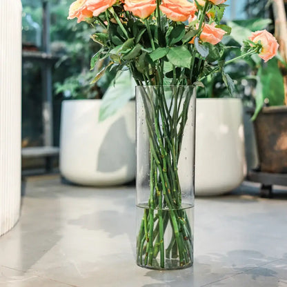 Decorbites™ shatterproof tall transparent acrylic flower vase holding peach-colored roses in a clear cylindrical design