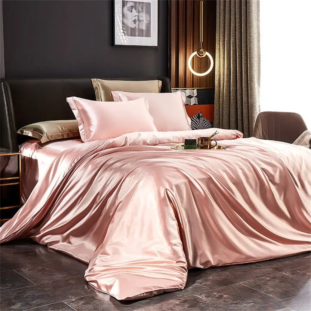DecorBites™ silk bedding set features a luxurious rose gold satin 3 pcs duvet cover set with a smooth glossy finish