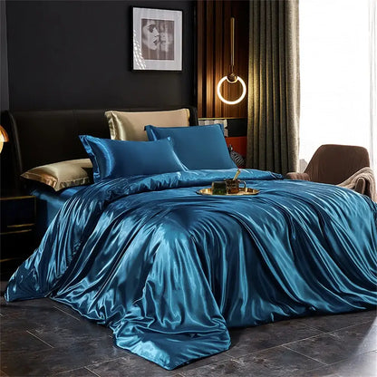 Decorbites silk bedding set featuring lustrous teal satin pcs duvet cover with matching pillowcases and gold trim pillows