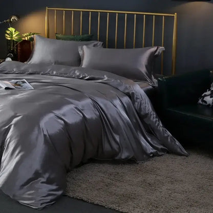 Decorbites™ silk duvet cover bedding set in dark gray satin with glossy finish and matching pillowcases for luxury bedsheets