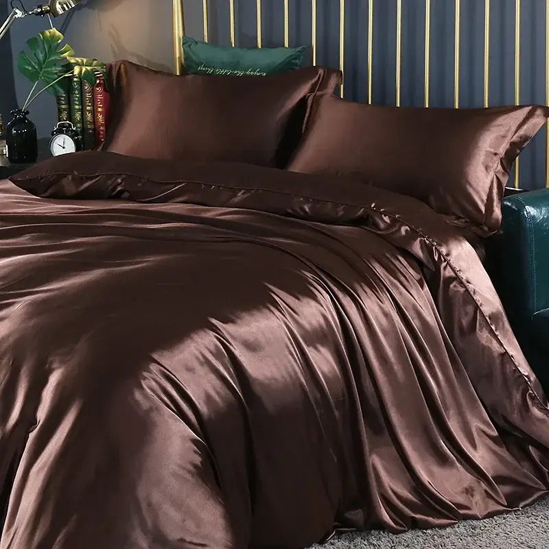 Decorbites silk duvet cover bedding set in rich chocolate brown satin with glossy smooth finish pcs duvet cover