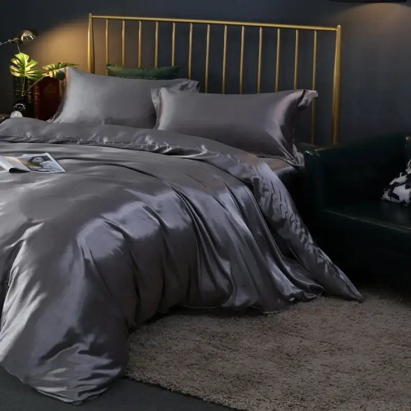 DecorBites silk gray satin duvet cover set pcs with smooth lustrous finish and elegant draping for twin queen king beds