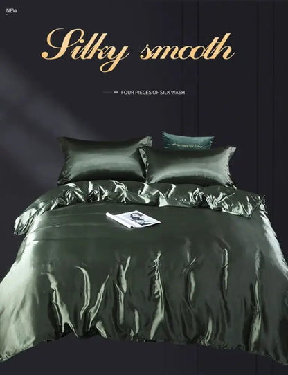 Deep emerald green silk satin 3 pcs duvet cover bedding set with silky smooth finish by decorbites luxury solid color