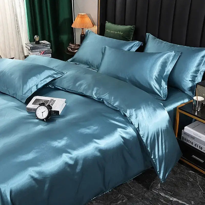 Teal satin decorbites silk duvet cover set with smooth glossy finish and matching pcs duvet cover pillowcases