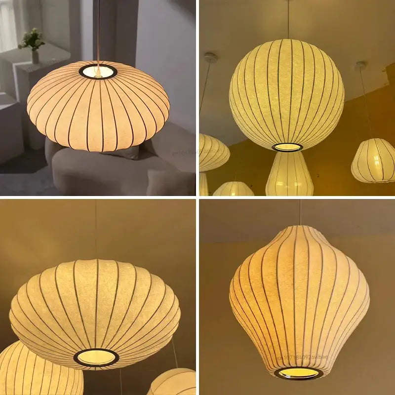 Decorbites™ silk led pendant lamp with warm-toned ribbed paper shade and subtle black vertical lines for modern lighting